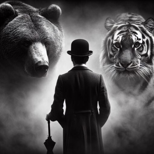 Un uomo con la bombetta osserva un Orso e un Tigre, molto più grandi di lui